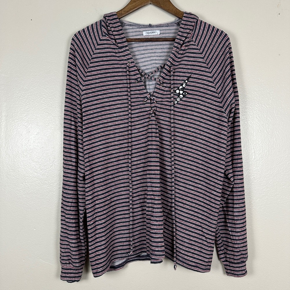 Lauren Moshi Women's L Hoodie Navy Red Striped Lace Up V-Neck Raglan Sleeve